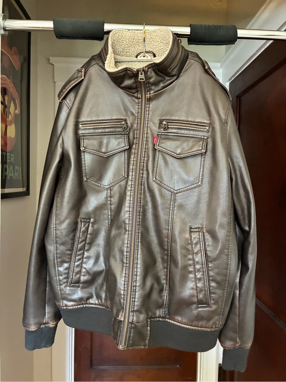 Levi's Brown Leather Bomber Jacket with Sherpa Collar